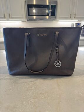 Michael Kors Dark Gray Saffiano Leather Tote with MK Charm